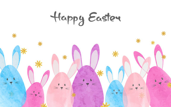 Colorful Easter card with cute watercolor bunnies.