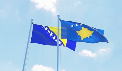 Kosovo and Bosnia and Hercegovina, two flags waving against blue sky. 3d image