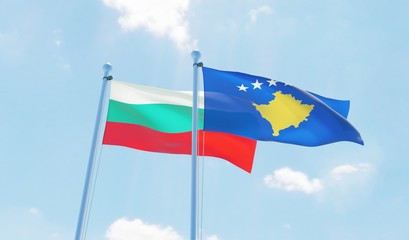 Kosovo and Bulgaria, two flags waving against blue sky. 3d image