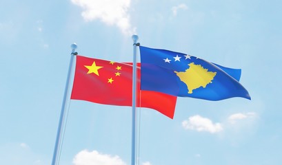 Kosovo and China, two flags waving against blue sky. 3d image