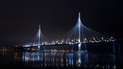 Night view of the suspension bridge in St. Petersburg, Russia