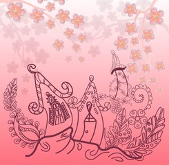 Cherry blossom flower paper cut with the castle line art background vector illustration