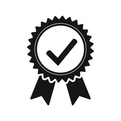 Quality check ribbon icon. Vector product certified or best choice recommended award and warranty check approved certificate mark label