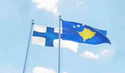 Kosovo and Finland, two flags waving against blue sky. 3d image