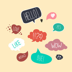 Collection of hand drawn think and talk speech bubbles message. Trendy comic balloon, cloud, heart shaped design elements. Isolated vector. Color speech bubbles with inspiration