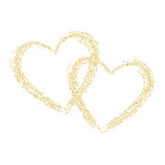 Gold sparkles glitter dust metallic confetti heart vector background.