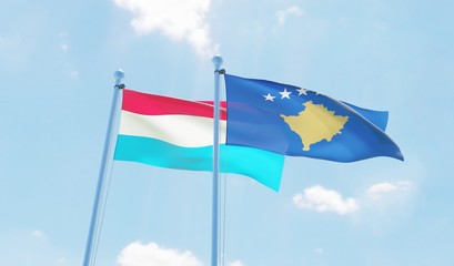 Kosovo and Luxembourg, two flags waving against blue sky. 3d image