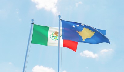 Kosovo and Mexico, two flags waving against blue sky. 3d image