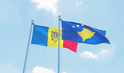 Kosovo and Moldova, two flags waving against blue sky. 3d image