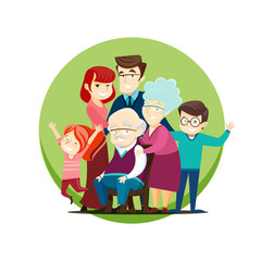 Illustration of a large family with parents, grandparents and kids