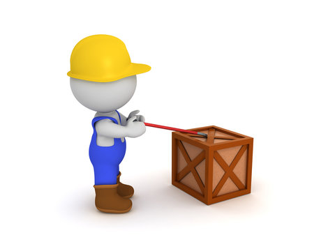 3D Worker opening with a crowbar a crate