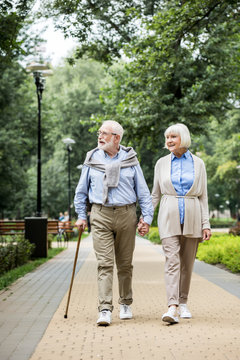 happy smiling senior couple walking in park
