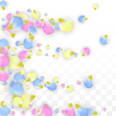 Vector Realistic Colorful Petals Falling on Transparent Background.  Spring Romantic Flowers Illustration. Flying Petals. Sakura Spa Design. Blossom Confetti. Design Elements for Wedding Decoration.