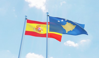 Kosovo and Spain, two flags waving against blue sky. 3d image