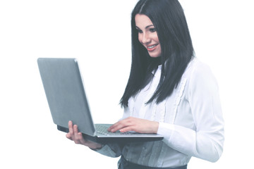 portrait of a woman administrator with laptop on white backgroun