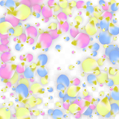 Vector Realistic Colorful Petals Falling on Transparent Background.  Spring Romantic Flowers Illustration. Flying Petals. Sakura Spa Design. Blossom Confetti. Design Elements for Wedding Decoration.
