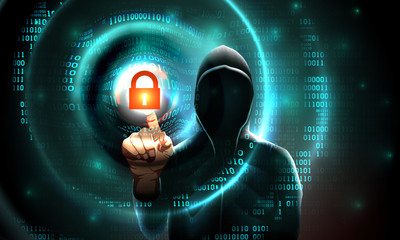Computer hacker hood touches touchscreen with lock symbol and binary code. Light waves on abstract binary background hacker silhouette. Hacking computer system, database server, data theft, vector © valerybrozhinsky
