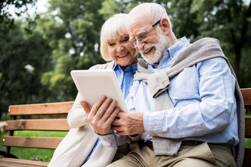 happy smiling senior couple using digital tablet together