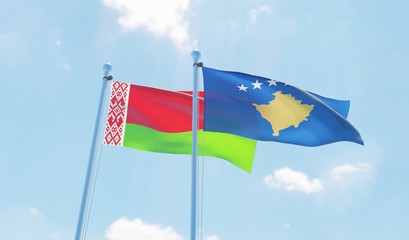 Kosovo and Belarus, two flags waving against blue sky. 3d image