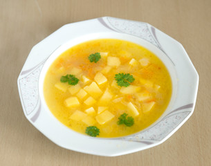 food soup noodles with potatoes and pasta in chicken broth is very tasty beautiful and healthy