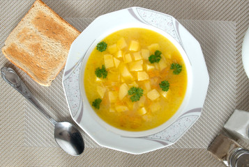 food soup noodles with potatoes and pasta in chicken broth is very tasty beautiful and healthy