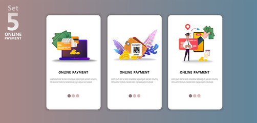Online payment concept illustration app templete set. Internet payments, protection money transfer, online bank. Happy character. Screen gadget, money, wallet. Use for banner, mobile app, landing page