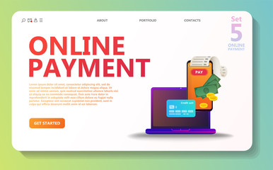 Online payment concept illustration set. Internet payments, protection money transfer, online bank. Screen gadget, money, wallet, check. Use for banner, mobile app, landing page - Vector