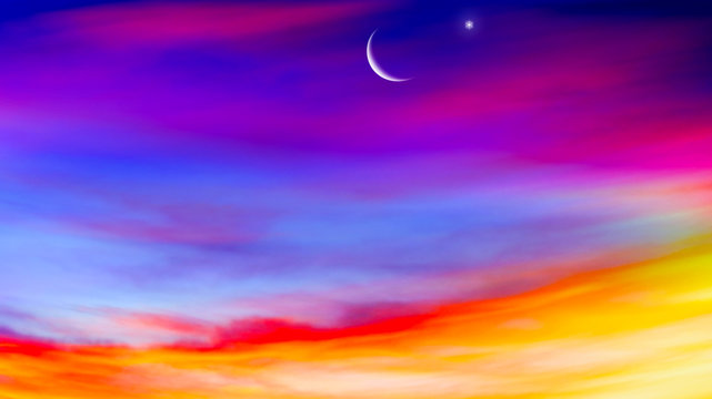 Light in dark sky . Stairs in sky . Religion for the person . Way to heaven . Religious background . Crescent moon with beautiful sunset background . Generous Ramadan