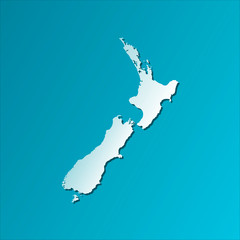 Vector isolated illustration icon with light blue silhouette of simplified map of New Zealand (Oceanian state). Bright blue background with shadow