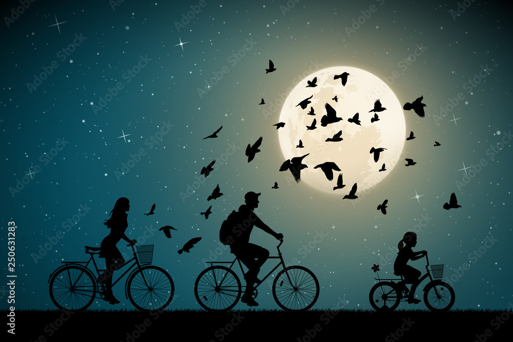 Sticker family on bikes on moonlit night. active rest of parents with child. vector illustration with silhou