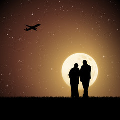 Old lovers and flying aircraft on moonlit night. Vector illustration with silhouette of elderly couple in park. Full moon in starry sky