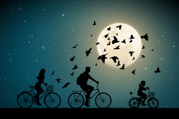 Family on bikes on moonlit night. Active rest of parents with child. Vector illustration with silhouettes of cyclists and flying pigeons in park. Full moon in starry sky