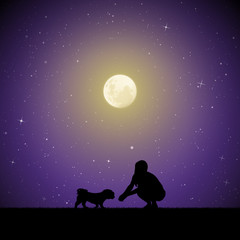 Girl with dog on moonlit night. Vector illustration with silhouettes of woman and pet in park. Full moon in starry sky