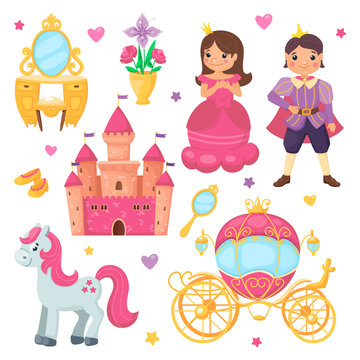 Princess girl and prince boy cartoon set. Royal collection with beautiful carriage, cute castle, adorable pony with pink mane, mirror and vase with flowers. Vector flat illustration for children.