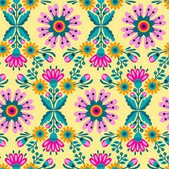 Fototapeta na wymiar Seamless flowers ethnic pattern. Fashion mexican, navajo or aztec, native american ornament. Colored vector design element for frame and border, textile, fabric or paper print. Vector background