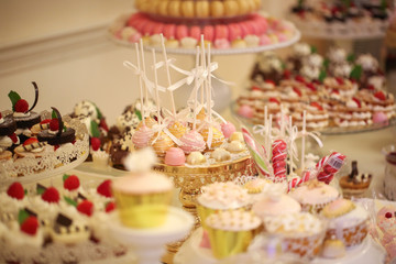 Delicious candy bar with macarons, cupcakes, cake pop and other sweets