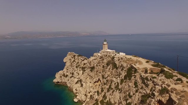Aerial drone video from archaeological site of Heraion and lighthouse of Melagavi in Loutraki, Greece