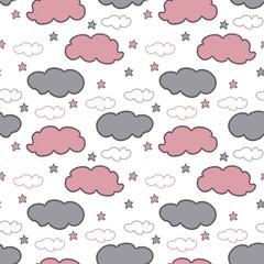 Baby vector seamless pattern. Hand drawn gray and pink clouds and stars on white background. Template for desing, textile, wallpaper, wrapping, cover, web site, card, banner, ceramic tile.