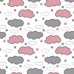 Behangcirkel Baby vector seamless pattern. Hand drawn gray and pink clouds and stars on white background. Template for desing, textile, wallpaper, wrapping, cover, web site, card, banner, ceramic tile. © Irina Ikar