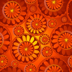 Bright orange color vector seamless pattern. Hand drawn gradient abstract flowers in golden outline. Background for textile, wallpaper, wrapping, cover page, web site, card, carton, print, banner.