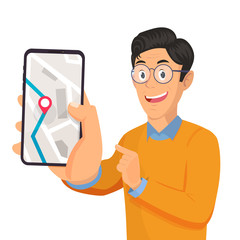 Man holding phone and showing screen with map navigation