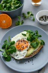 Toast (sandwich) with cream cheese, avocado, fried egg and greens on gray wooden background. Selective focus. Healthy eating or vegetarian food concept