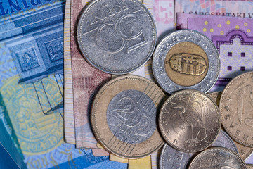 Hungarian Forint banknotes and coins set conception