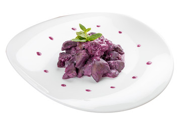 Chicken liver in colored sauce on white background