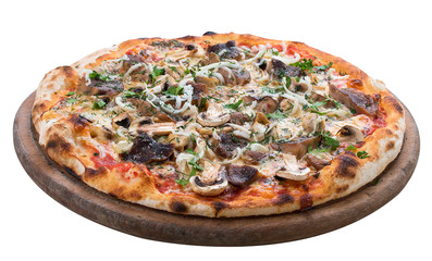 Pizza with mushrooms on a wooden board. On white background.