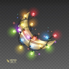 Golden month surrounded by a shiny garlands, magic illustration on dark background, vector art