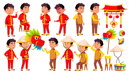 Asian Boy Kindergarten Kid Poses Set Vector. Festival, Dragon. Happy Children Character. Babysitting. For Advertisement, Greeting, Announcement Design. Isolated Cartoon Illustration