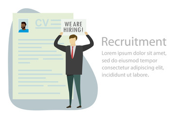 Page with cv,Businessman and plate with text- we are hiring, human resource recruitment concept,