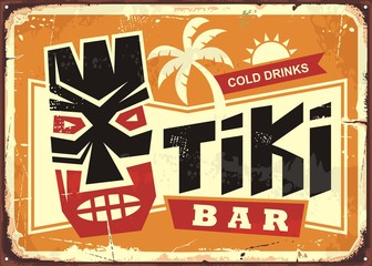 Tiki bar vintage tin sign with Hawaiian tiki mask and creative typography. Food and drink cafe advertisement sign. Hawaii vacation souvenir.