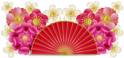 Obraz premium Japan concept poster with cherry blossom and fan in paper cut style -vector